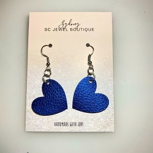 Handmade faux leather blue heart earrings